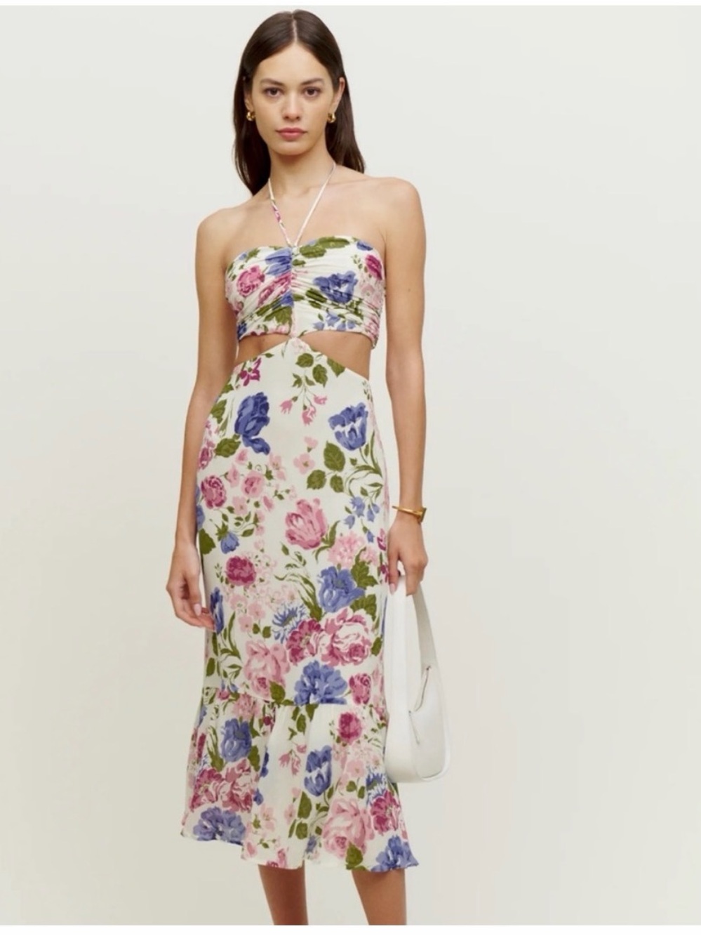 NWT Reformation Riya in Donna Floral Cutout Midi Dress in Cream, Pink & Blue